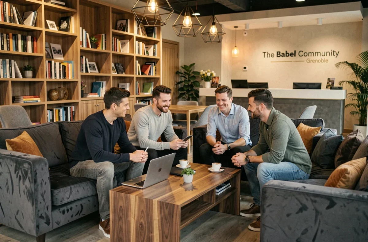 Espace lounge collaboratif de The Babel Community Grenoble avec groupe de professionnels