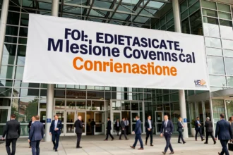Banderole événementielle professionnelle suspendue à l'entrée d'un centre de congrès moderne avec typographie bold en bleu marine et orange
