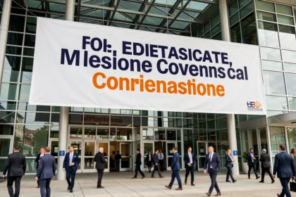 Banderole événementielle professionnelle suspendue à l'entrée d'un centre de congrès moderne avec typographie bold en bleu marine et orange