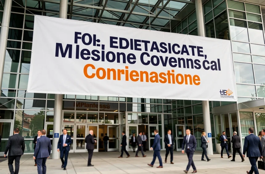 Banderole événementielle professionnelle suspendue à l'entrée d'un centre de congrès moderne avec typographie bold en bleu marine et orange