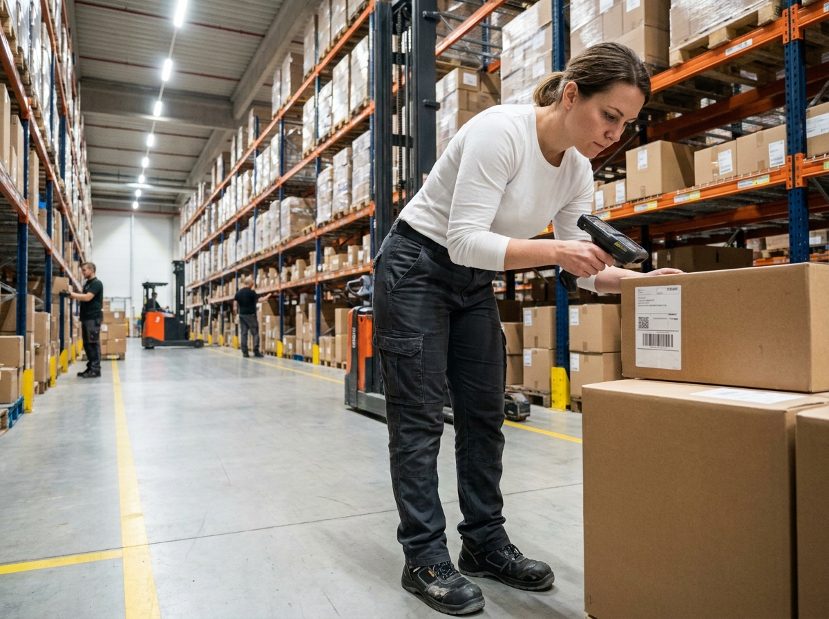 Femme logisticienne portant des baskets de travail à embout composite dans un entrepôt de distribution