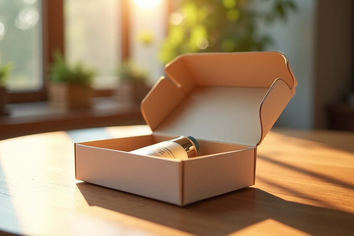 Boîte en carton ouverte avec flacon de cosmétique à l
