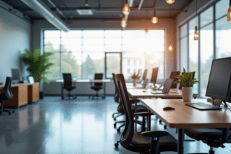 Espace de bureau moderne avec bureaux ergonomiques lumineux