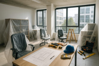 Photo hyperrealiste d'un bureau en rénovation avec outils et plans