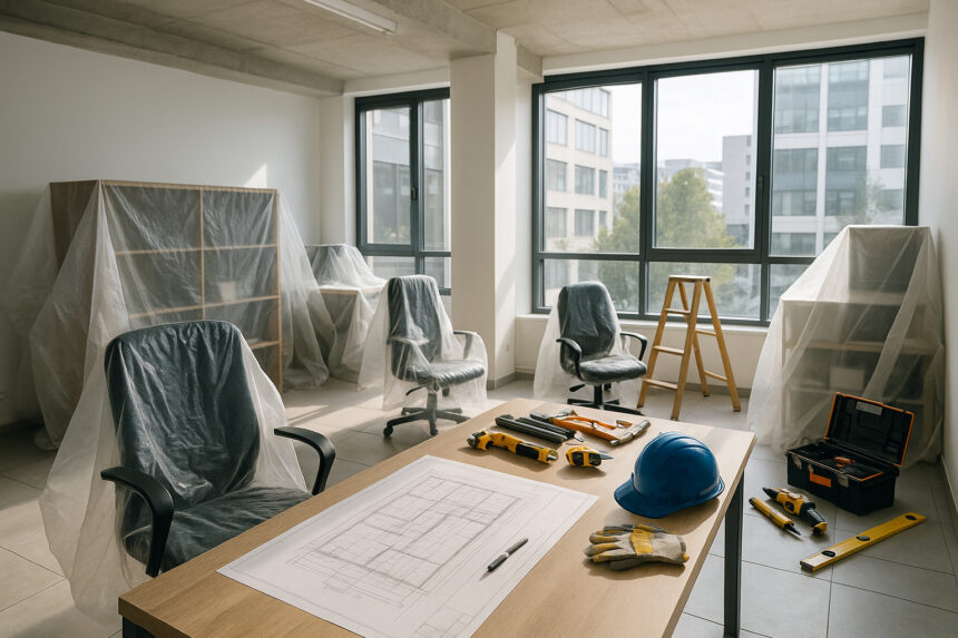 Photo hyperrealiste d'un bureau en rénovation avec outils et plans