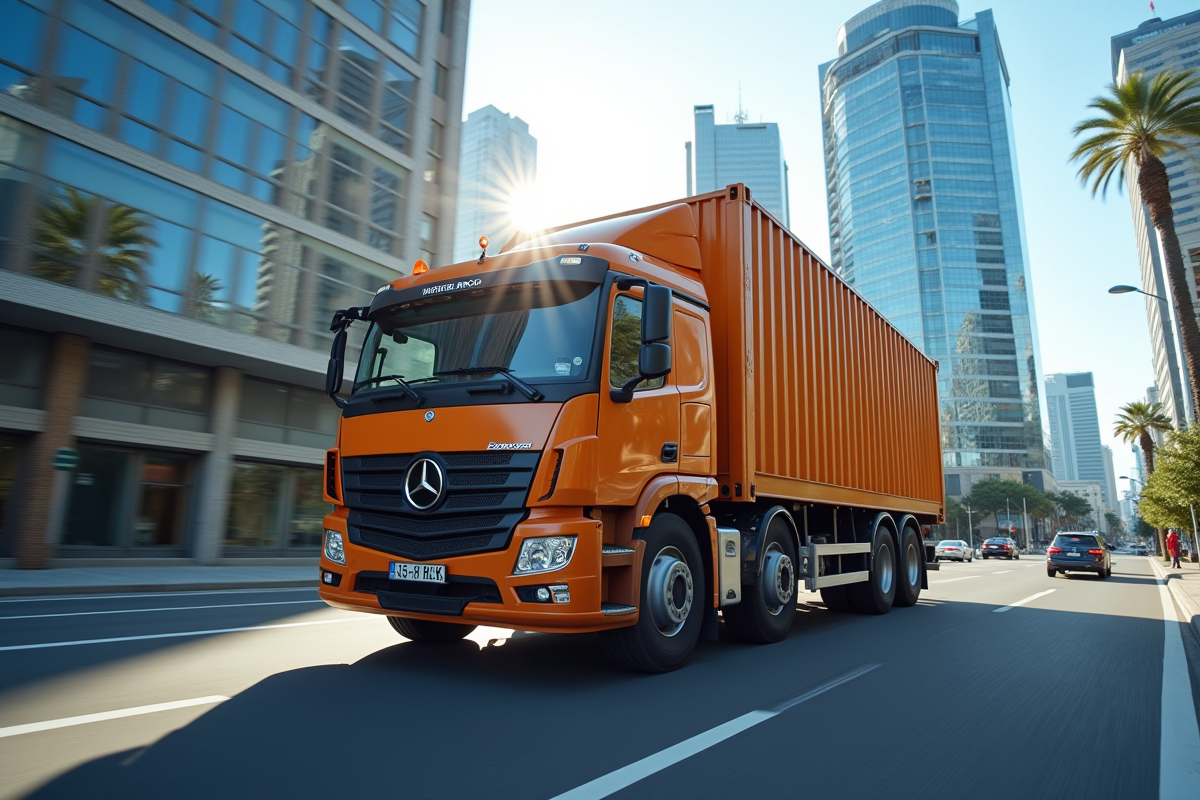 Camion de 26 tonnes roulant en ville en plein jour