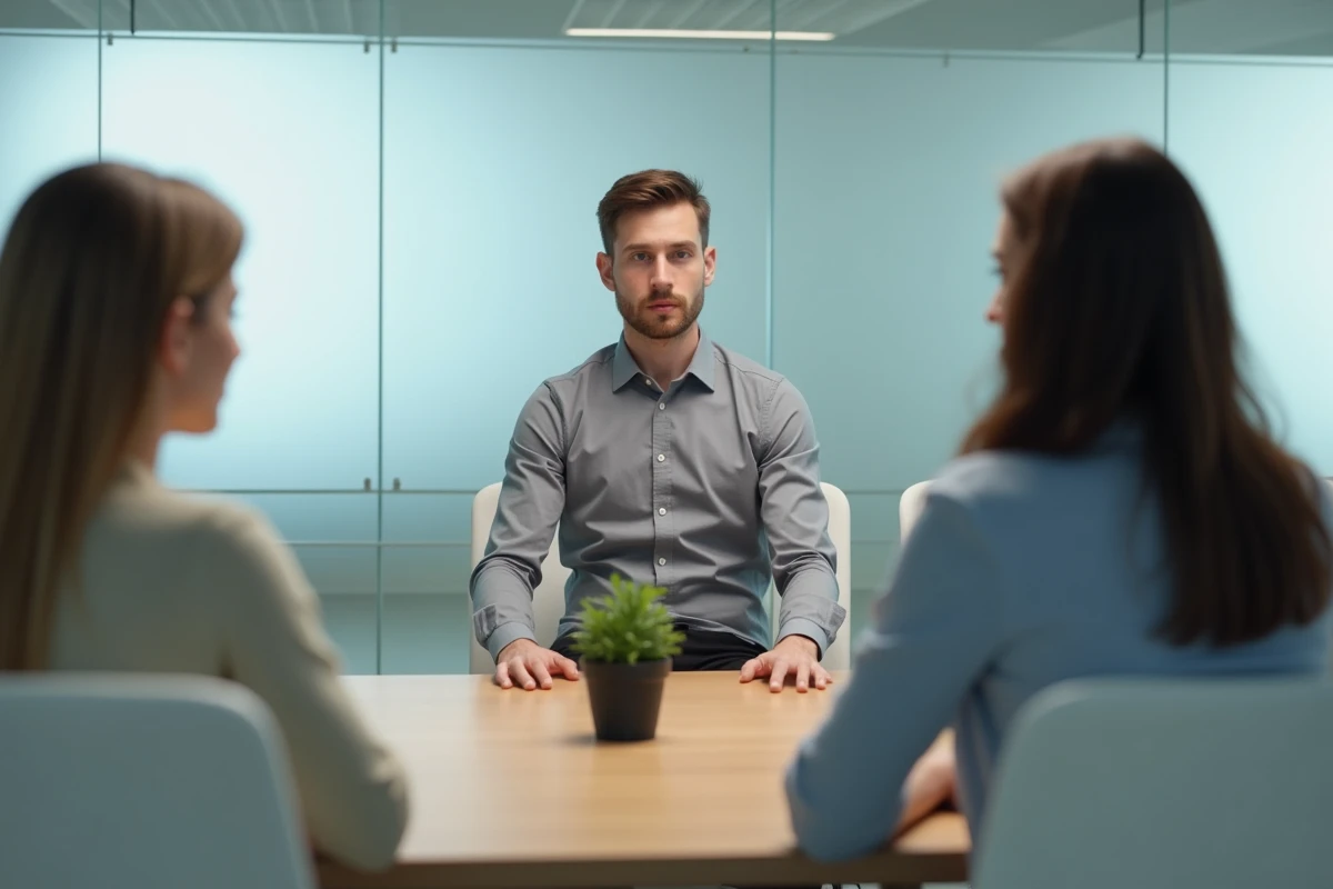 Candidat en entretien d'embauche face à des recruteurs dans une salle de réunion vitrée en entreprise