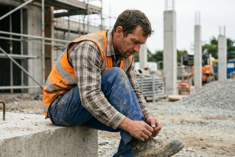 Ouvrier du bâtiment lacant ses chaussures de sécurité à embout acier sur un chantier de construction