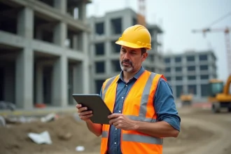 Chef de chantier consultant une application de gestion BTP sur tablette numérique en plein air sur un chantier de construction