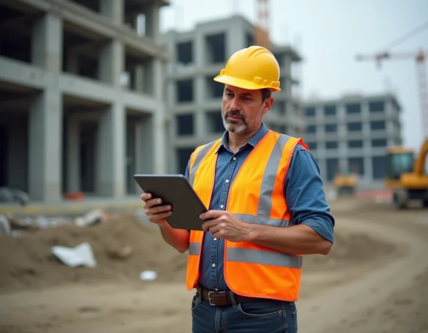 Chef de chantier consultant une application de gestion BTP sur tablette numérique en plein air sur un chantier de construction