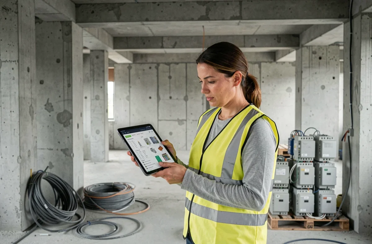 Cheffe de chantier consultant un catalogue de matériel électrique sur tablette dans un bâtiment en construction