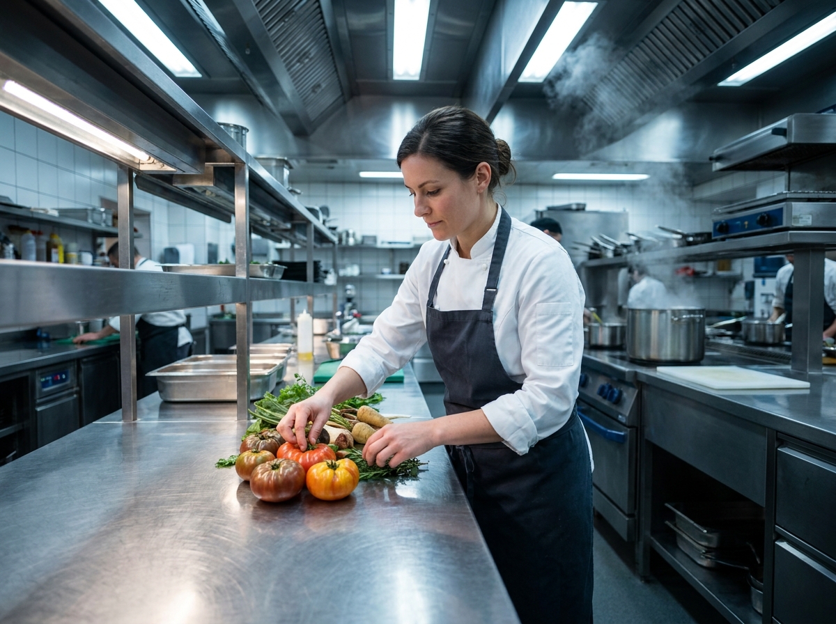 Cheffe cuisinière professionnelle travaillant sur un plan de travail en acier inoxydable dans une cuisine de restaurant