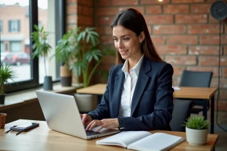 Cheffe d'entreprise consultant les prix d'une solution digitale sur son ordinateur portable dans un bureau moderne de petite entreprise