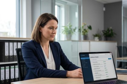 Femme professionnelle analysant les critères d'une plateforme agréée sur un ordinateur portable dans un bureau moderne