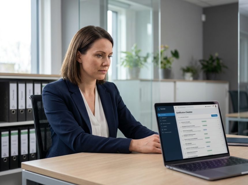 Femme professionnelle analysant les critères d'une plateforme agréée sur un ordinateur portable dans un bureau moderne