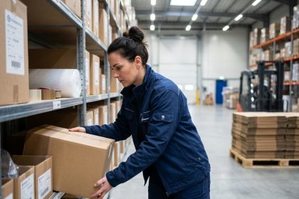 Responsable logistique choisissant un emballage carton professionnel dans un entrepôt organisé