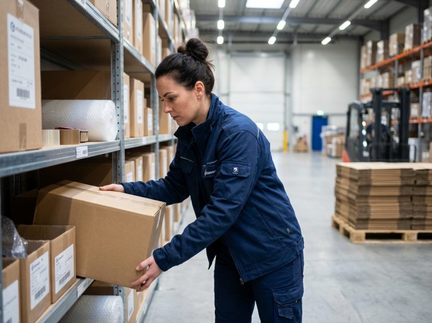 Responsable logistique choisissant un emballage carton professionnel dans un entrepôt organisé