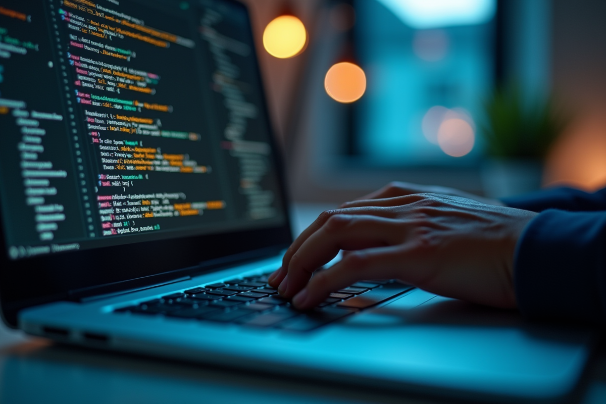 Mains tapant sur un clavier avec code SEO à l