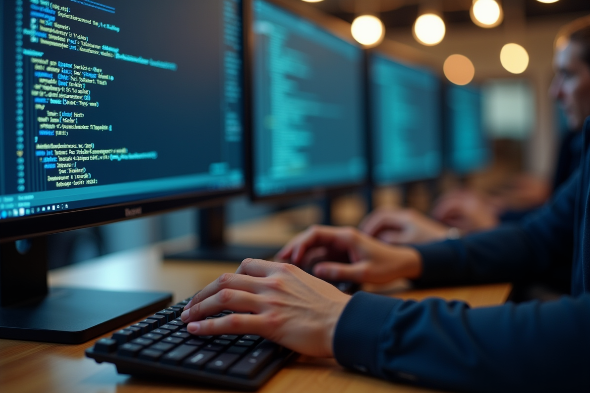 Mains tapant du code C sur un clavier externe avec écrans