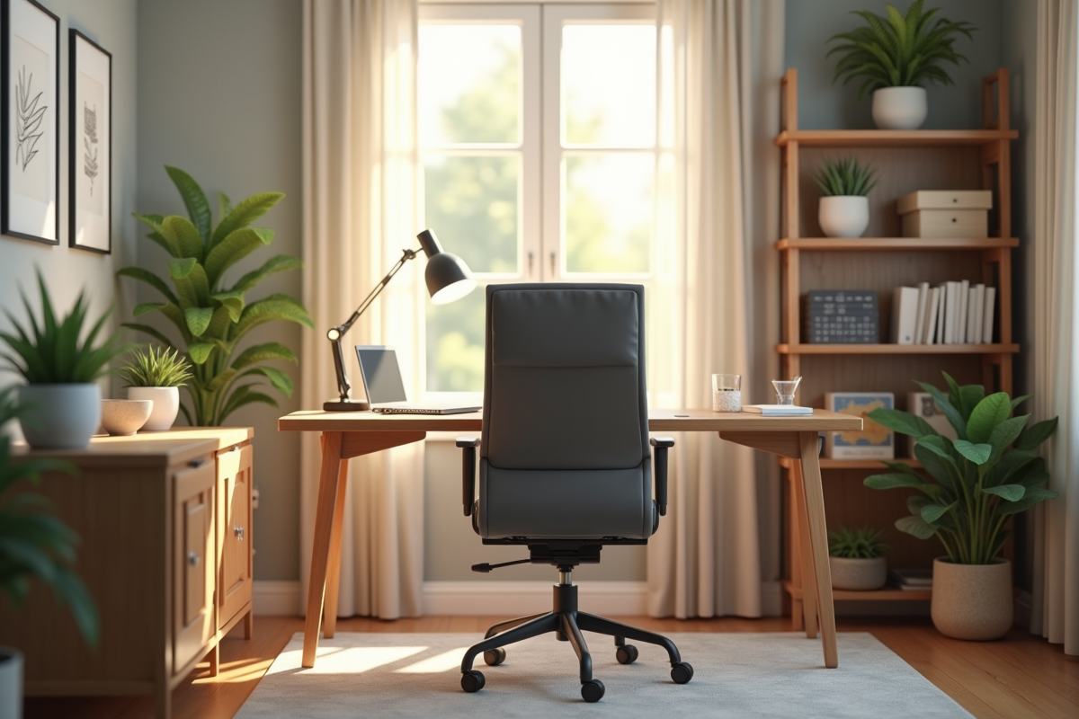 Coin bureau à domicile avec bureau en bois et plantes