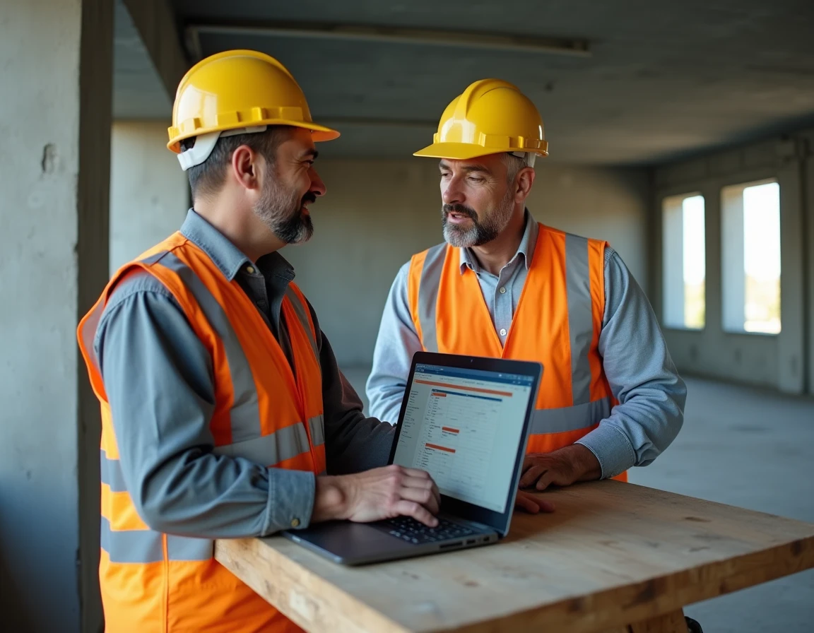 Deux professionnels du BTP collaborant sur un logiciel de gestion de chantier via un ordinateur portable à l'intérieur d'un bâtiment en construction
