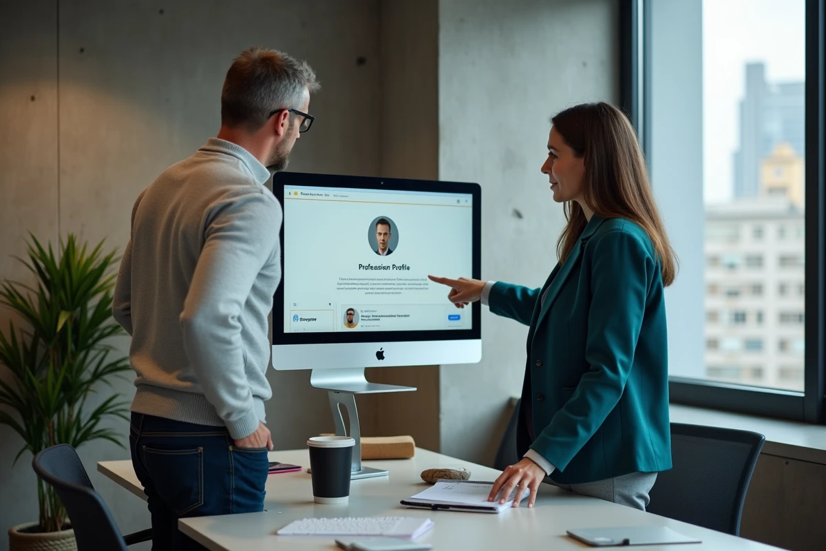 Deux collègues discutant de l'optimisation d'un profil professionnel sur un réseau de recrutement dans un espace coworking