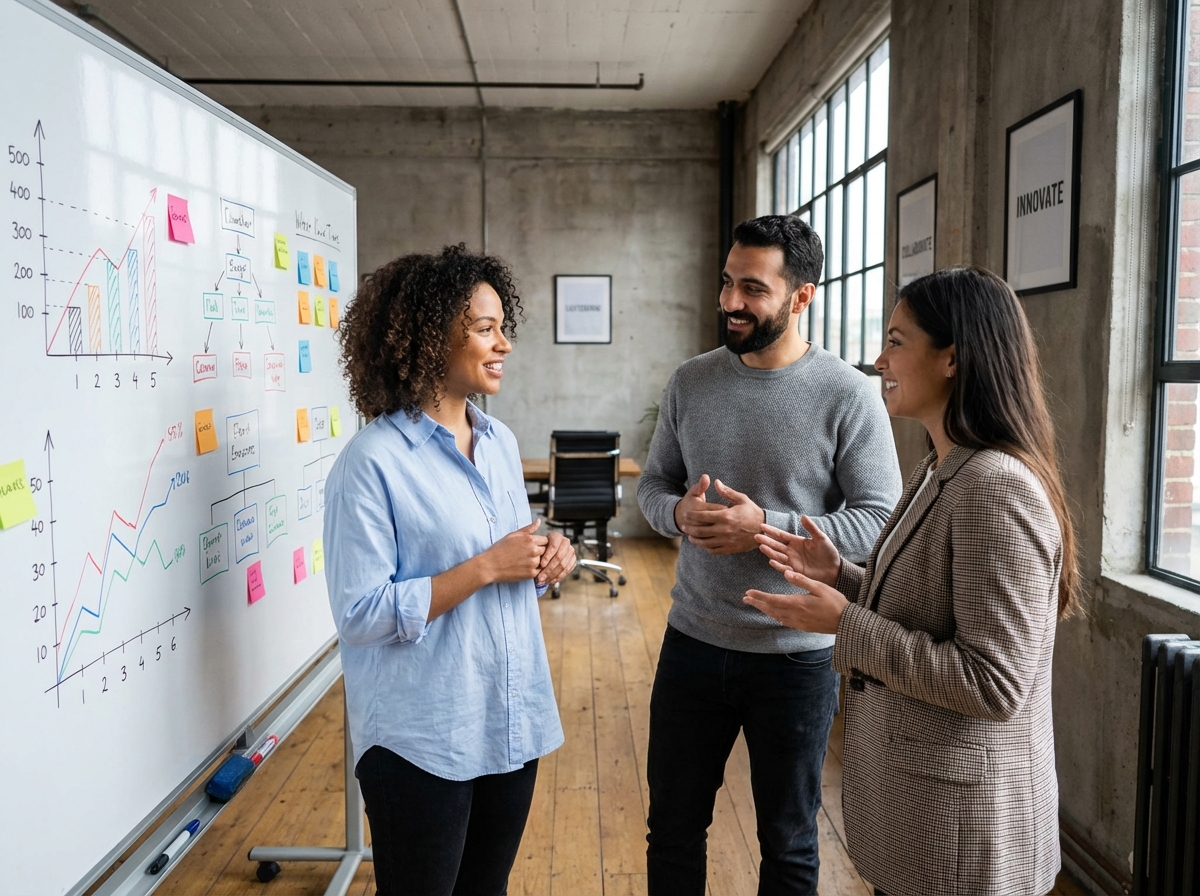 Groupe de collègues discutant devant un tableau blanc coloré