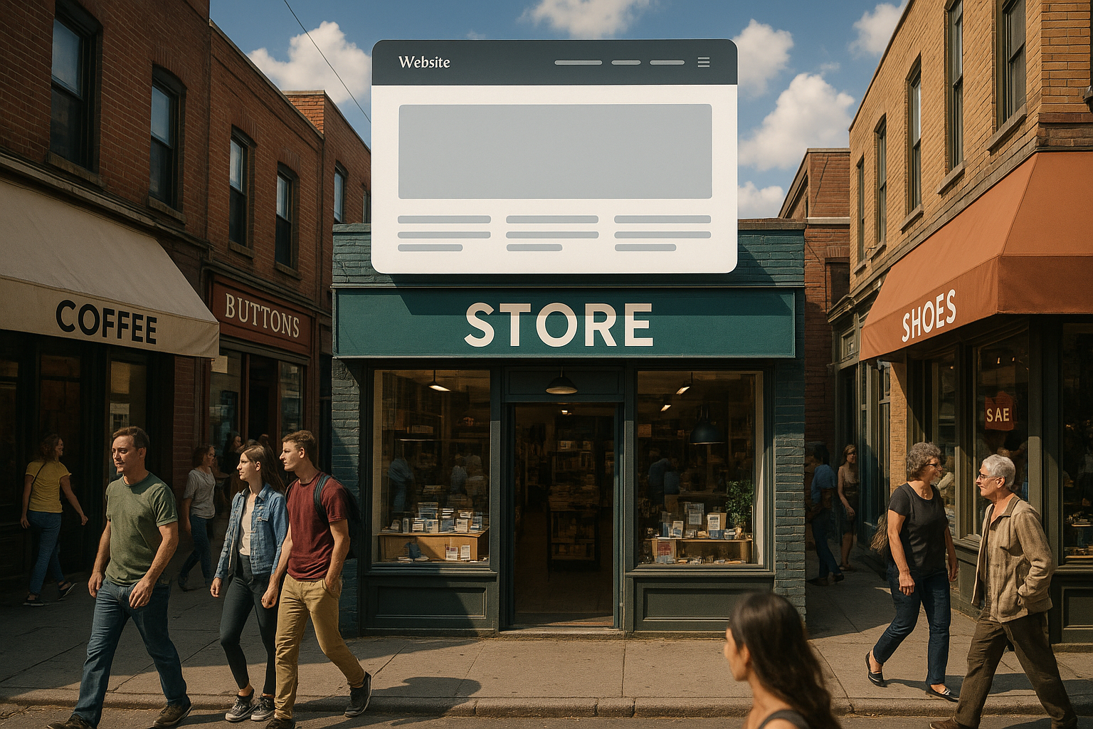 Rue animée avec boutiques et interface web flottante en surimpression