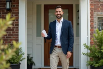 Vendeur à domicile souriant devant une porte moderne