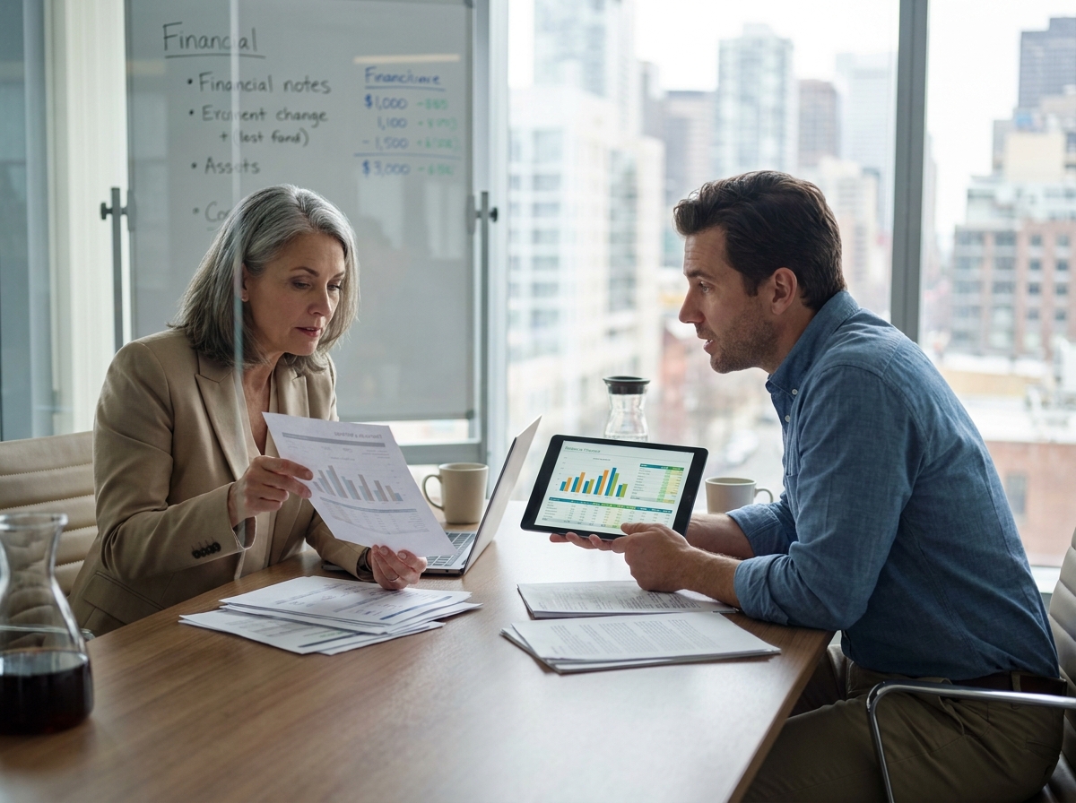 Réunion de comparaison entre la comptabilité d'une entreprise locale et d'une start-up avec rapports financiers imprimés et tableau de bord numérique