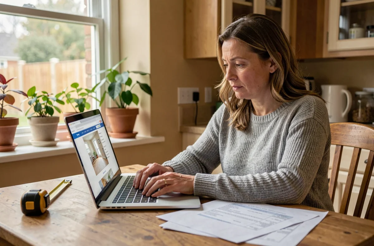 Femme comparant des devis de travaux en ligne sur ordinateur portable à domicile