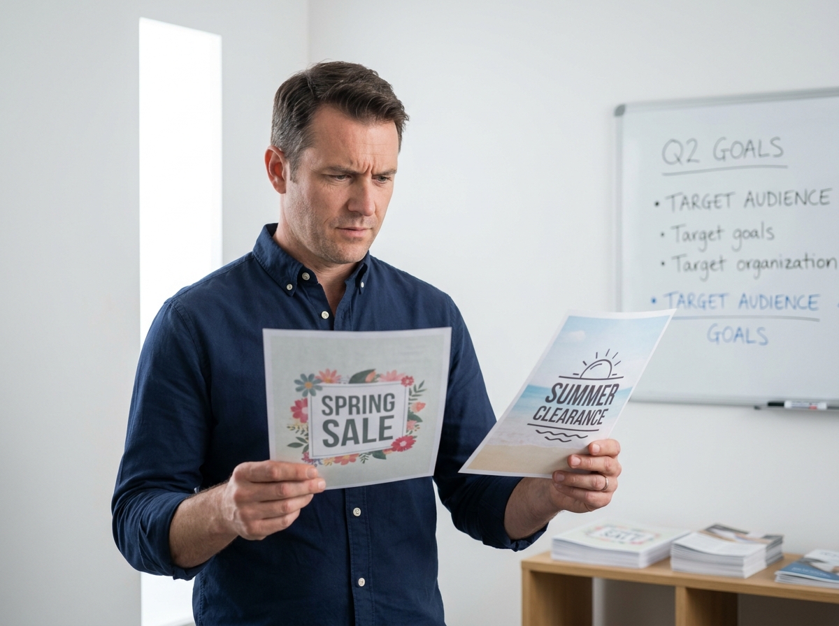 Chef d'entreprise comparant deux versions imprimées d'un flyer promotionnel dans un bureau minimaliste