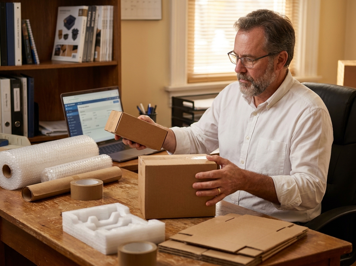 Chef d'entreprise comparant différents matériaux d'emballage professionnel sur son bureau