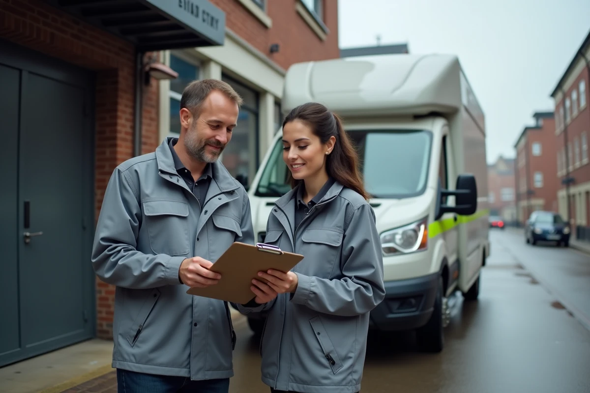 Deux professionnels du débarras vérifiant une liste de contrôle devant un camion utilitaire chargé