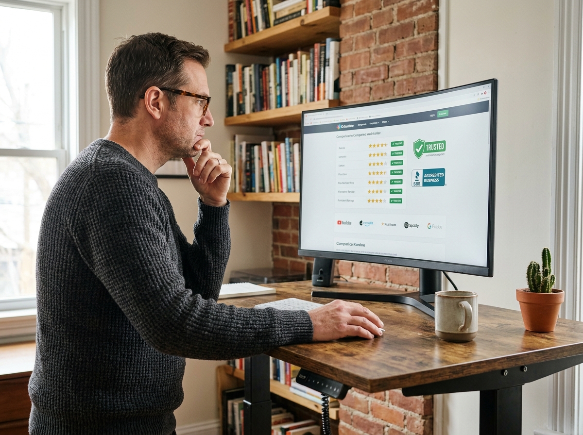 Homme en télétravail comparant plusieurs plateformes agréées sur un grand écran dans son bureau à domicile
