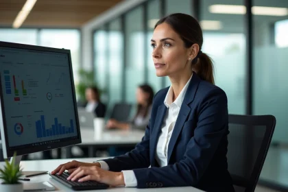 Femme cadre comparant deux plateformes de gestion de planning en entreprise sur des écrans de bureau