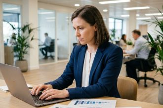 Femme professionnelle comparant des données de salaires sur un ordinateur portable dans un bureau moderne