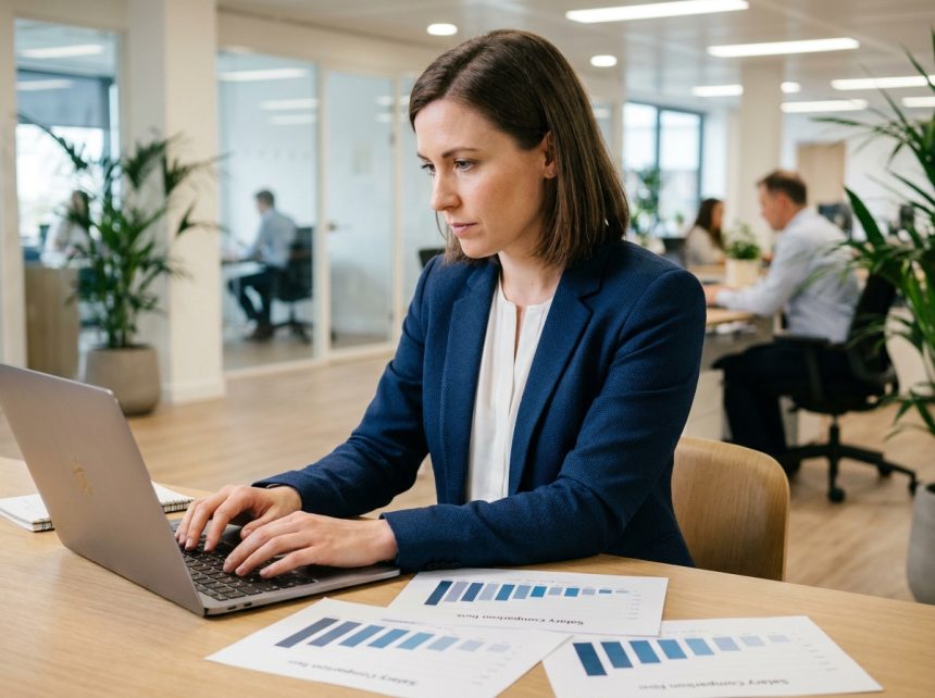 Femme professionnelle comparant des données de salaires sur un ordinateur portable dans un bureau moderne