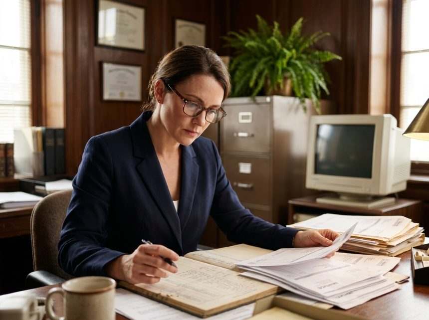 Comptable d'une entreprise locale examinant des livres de comptes imprimés dans un bureau traditionnel en bois