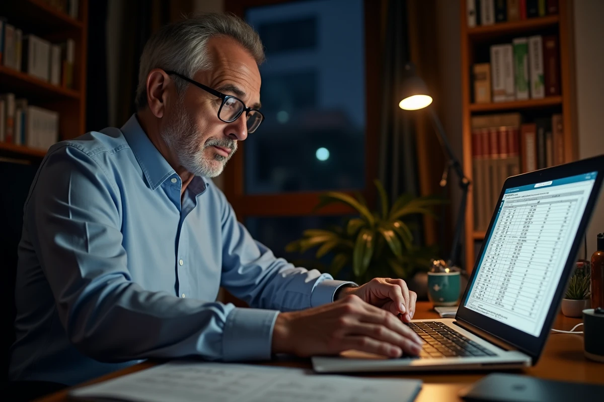 Comptable analysant des erreurs de calcul de majoration pour heures de nuit sur un tableur à son bureau à domicile