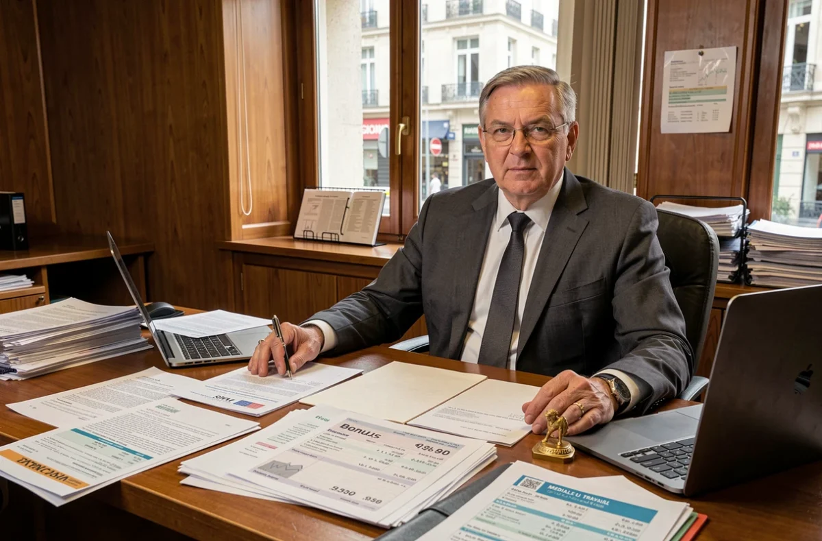 Comptable masculin examinant des documents de prime employeur et de prime d'État liés à la médaille du travail, avec la médaille dorée posée sur le bureau