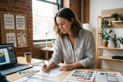 Designer graphique annotant des maquettes de flyers sur un bureau en bois dans un studio créatif moderne
