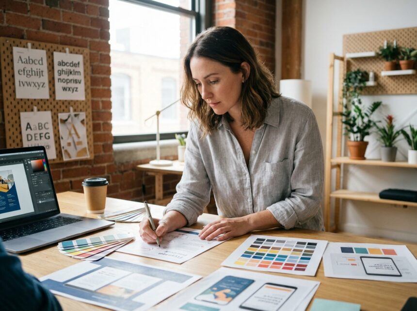 Designer graphique annotant des maquettes de flyers sur un bureau en bois dans un studio créatif moderne