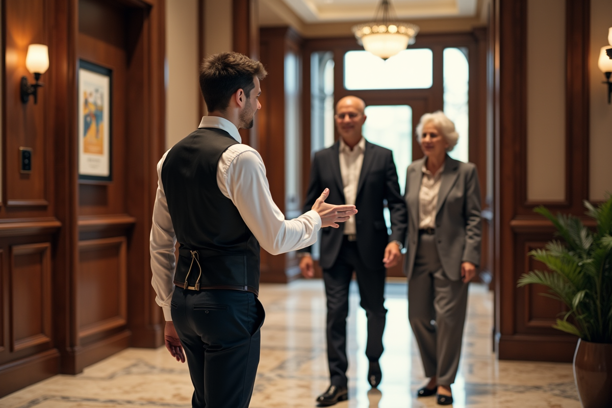 Concierge accueillant un couple dans un lobby d