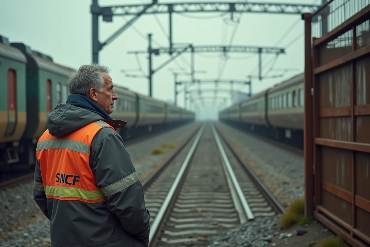 Conducteur de train SNCF dans un dépôt ferroviaire regardant au loin d'un air songeur, évoquant la décision de quitter la SNCF et l'impact sur la retraite