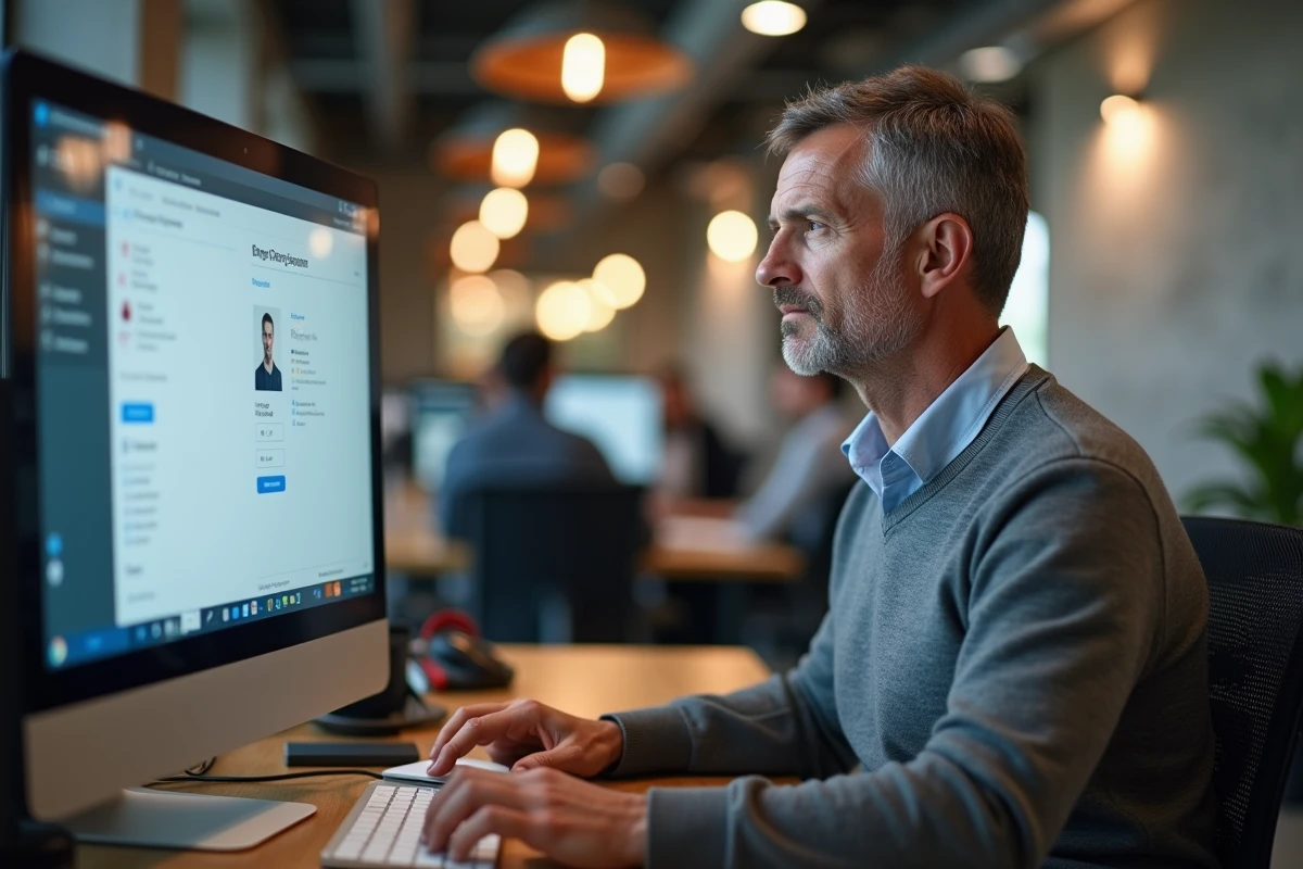Homme connecté à son compte extranet professionnel depuis un espace de travail partagé en open space
