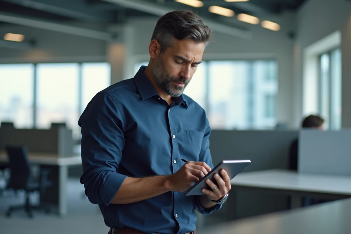 Homme consultant un portail d'inscription en ligne sur tablette dans un bureau professionnel moderne