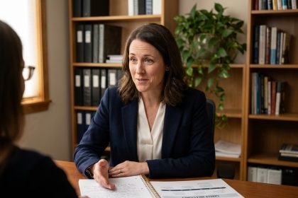 Conseillère en orientation écoutant attentivement une cliente dans un bureau professionnel chaleureux avec des étagères de livres en arrière-plan