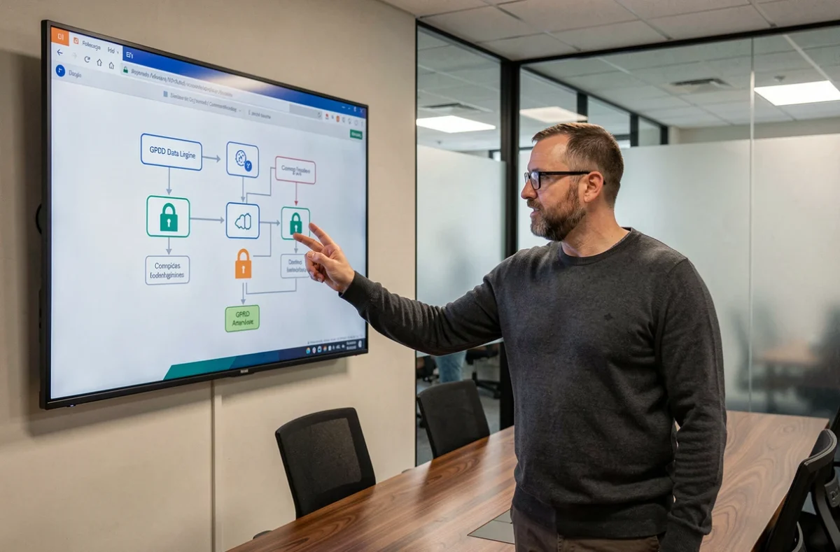 Consultant IT présentant une architecture de données BI sécurisée et conforme au RGPD sur un écran interactif en salle de réunion