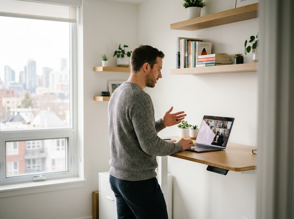 Consultant indépendant en portage salarial travaillant depuis son bureau à domicile lors d'un appel vidéo professionnel